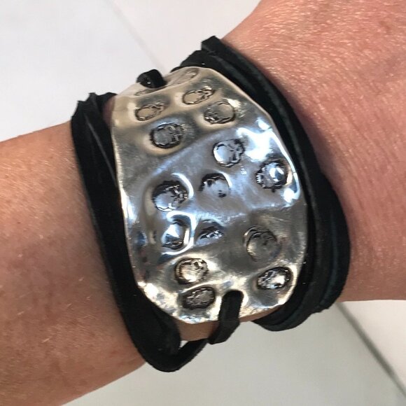 Rustic Skull Biker Wrap Bracelet Solid Sterling Silver 925 Cuff Genuine Suede - Picture 3 of 8